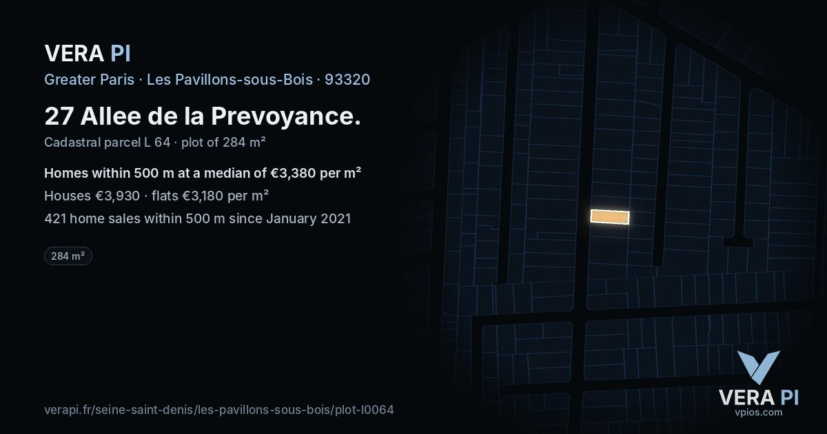 27 Allee de la Prevoyance, Les Pavillons-sous-Bois at night – the plot lit, the parcels around coloured by the prices near them