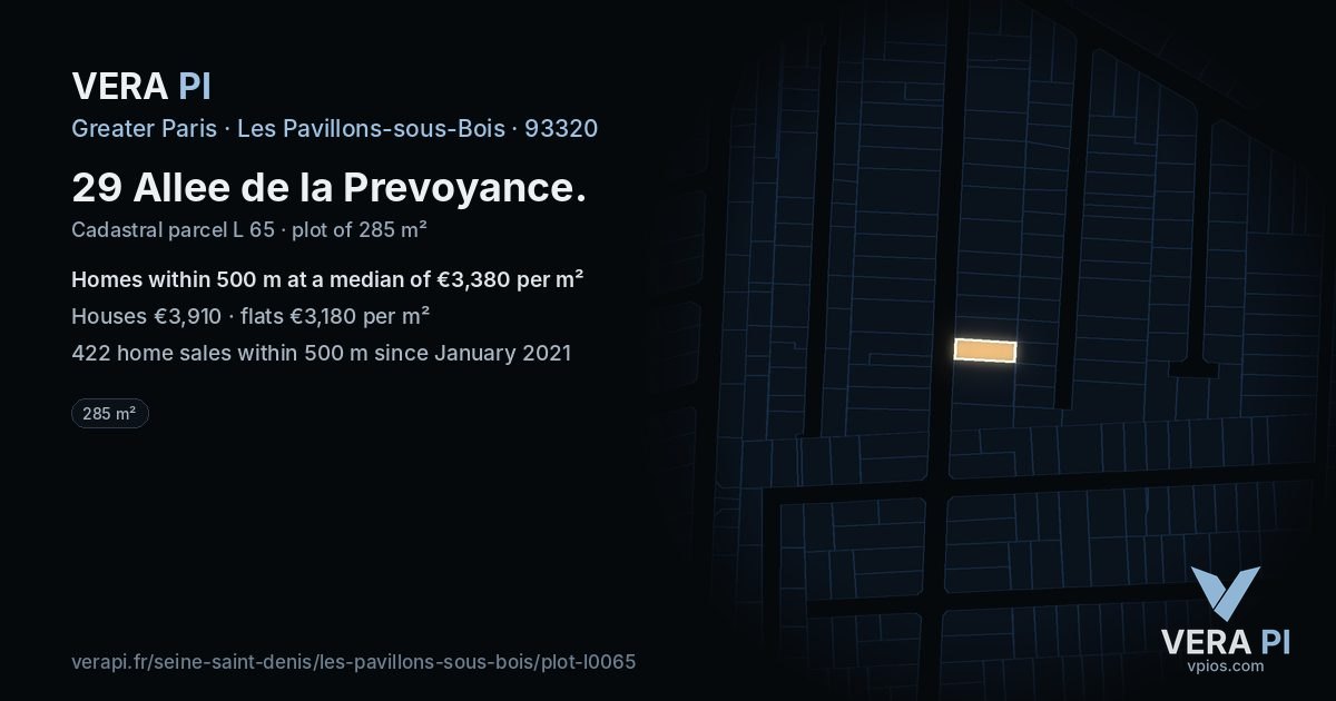29 Allee de la Prevoyance, Les Pavillons-sous-Bois at night – the plot lit, the parcels around coloured by the prices near them