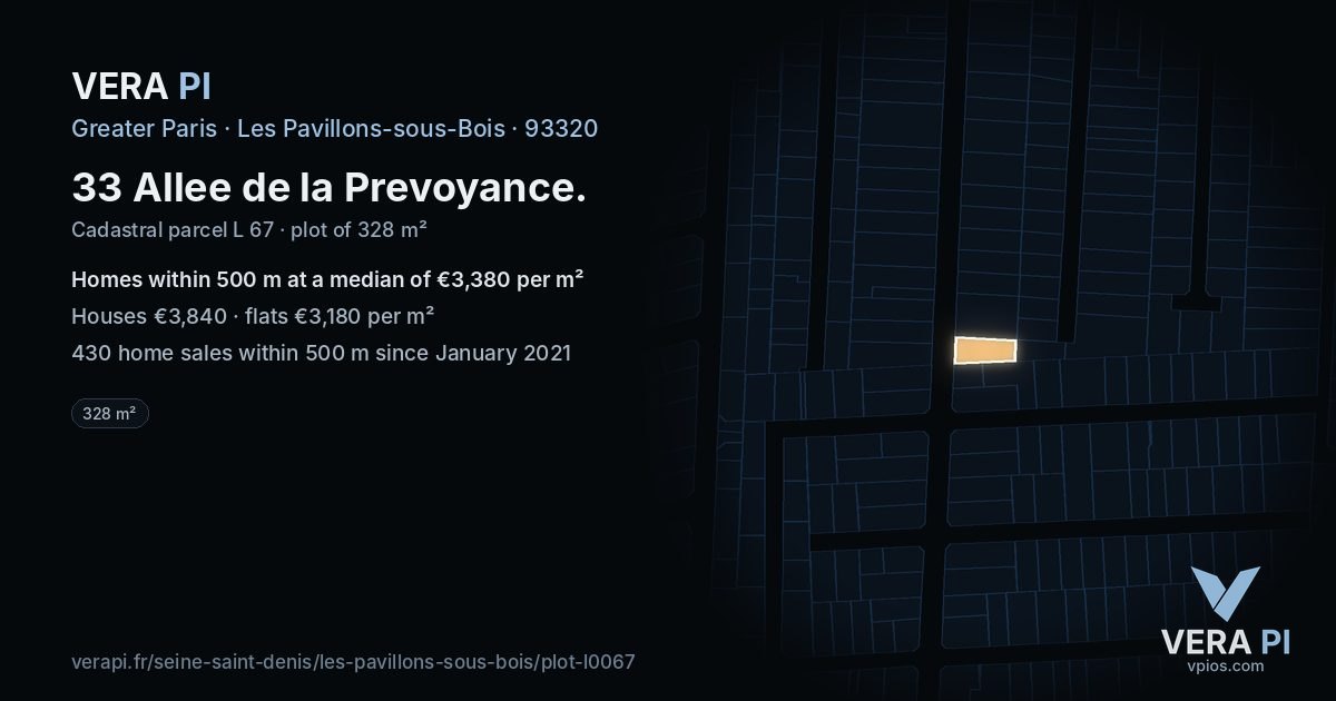 33 Allee de la Prevoyance, Les Pavillons-sous-Bois at night – the plot lit, the parcels around coloured by the prices near them