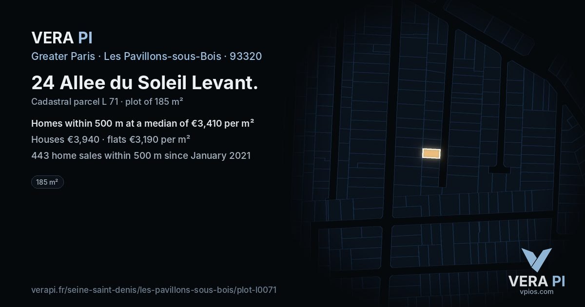 24 Allee du Soleil Levant, Les Pavillons-sous-Bois at night – the plot lit, the parcels around coloured by the prices near them