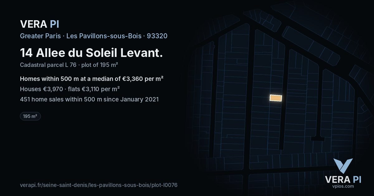 14 Allee du Soleil Levant, Les Pavillons-sous-Bois at night – the plot lit, the parcels around coloured by the prices near them