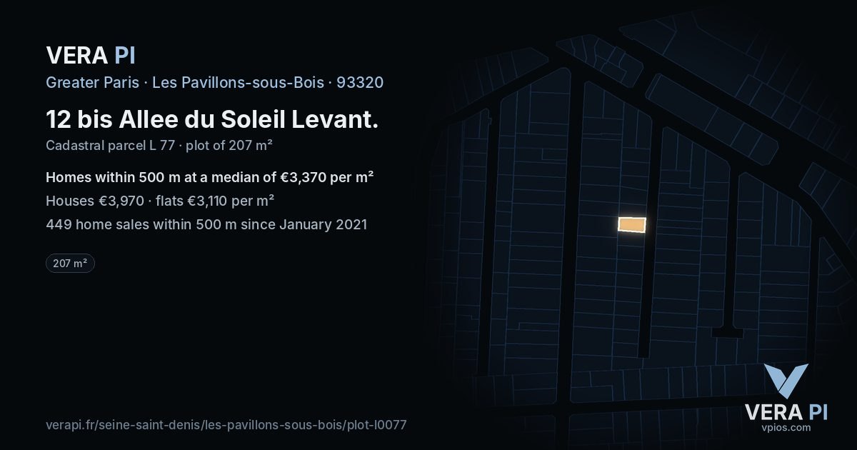 12 bis Allee du Soleil Levant, Les Pavillons-sous-Bois at night – the plot lit, the parcels around coloured by the prices near them