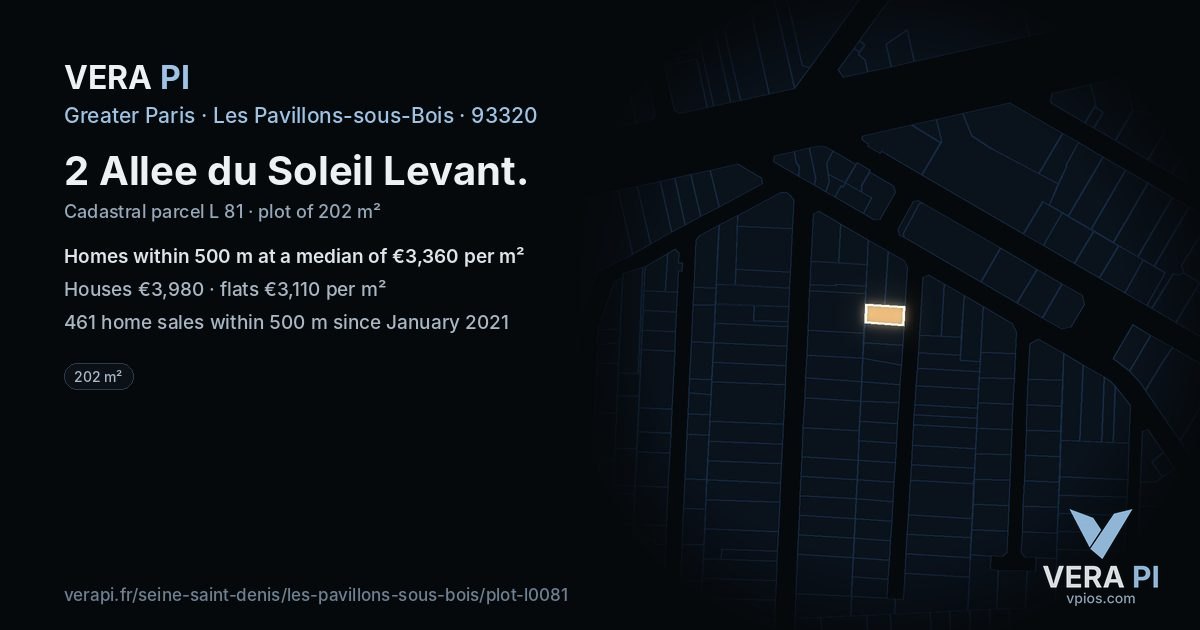 2 Allee du Soleil Levant, Les Pavillons-sous-Bois at night – the plot lit, the parcels around coloured by the prices near them