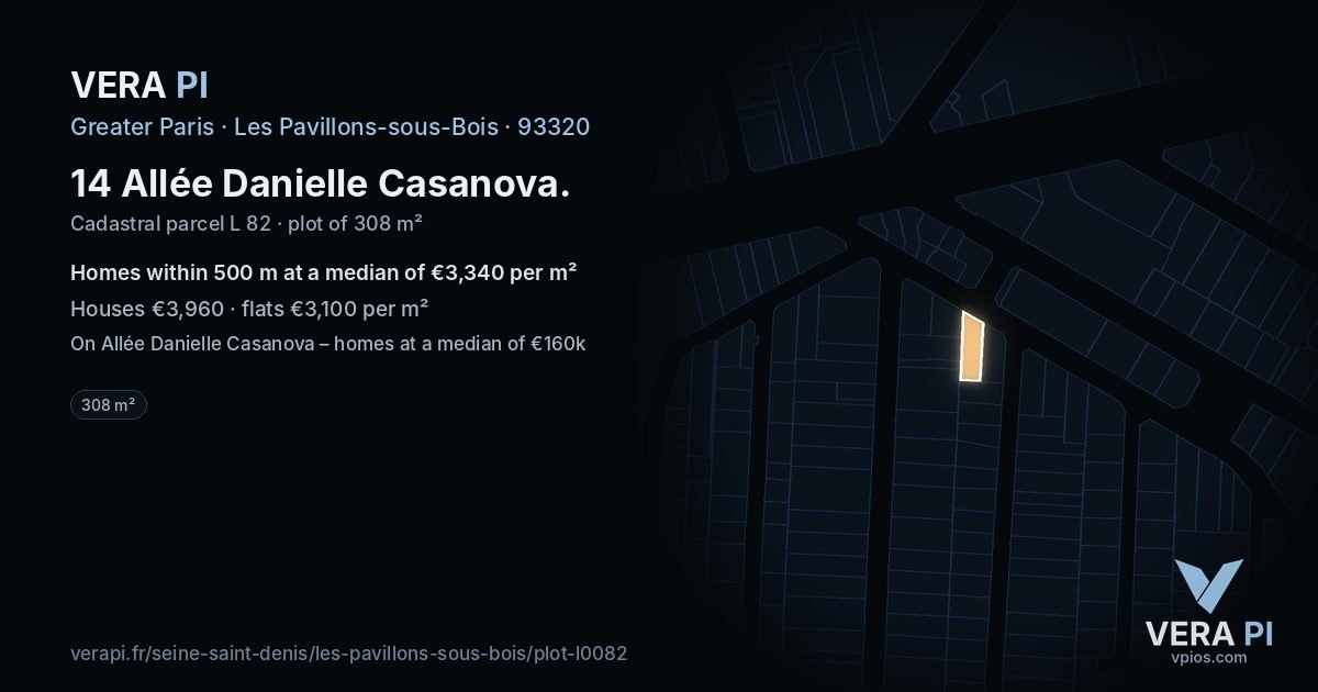 14 Allée Danielle Casanova, Les Pavillons-sous-Bois at night – the plot lit, the parcels around coloured by the prices near them