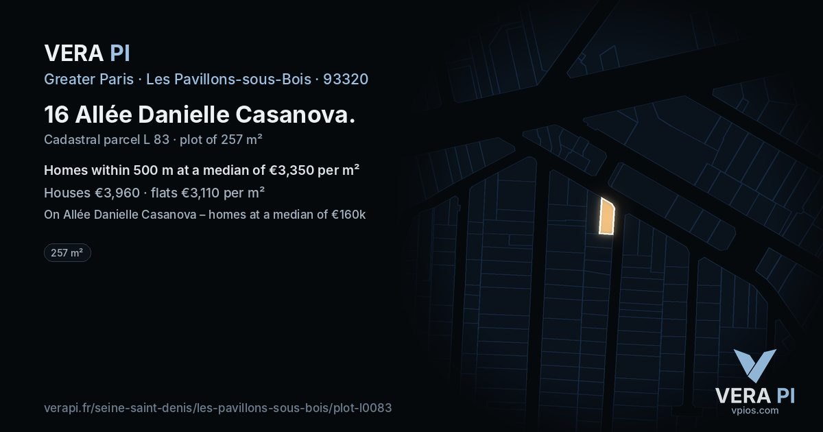 16 Allée Danielle Casanova, Les Pavillons-sous-Bois at night – the plot lit, the parcels around coloured by the prices near them