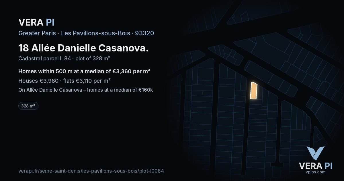 18 Allée Danielle Casanova, Les Pavillons-sous-Bois at night – the plot lit, the parcels around coloured by the prices near them