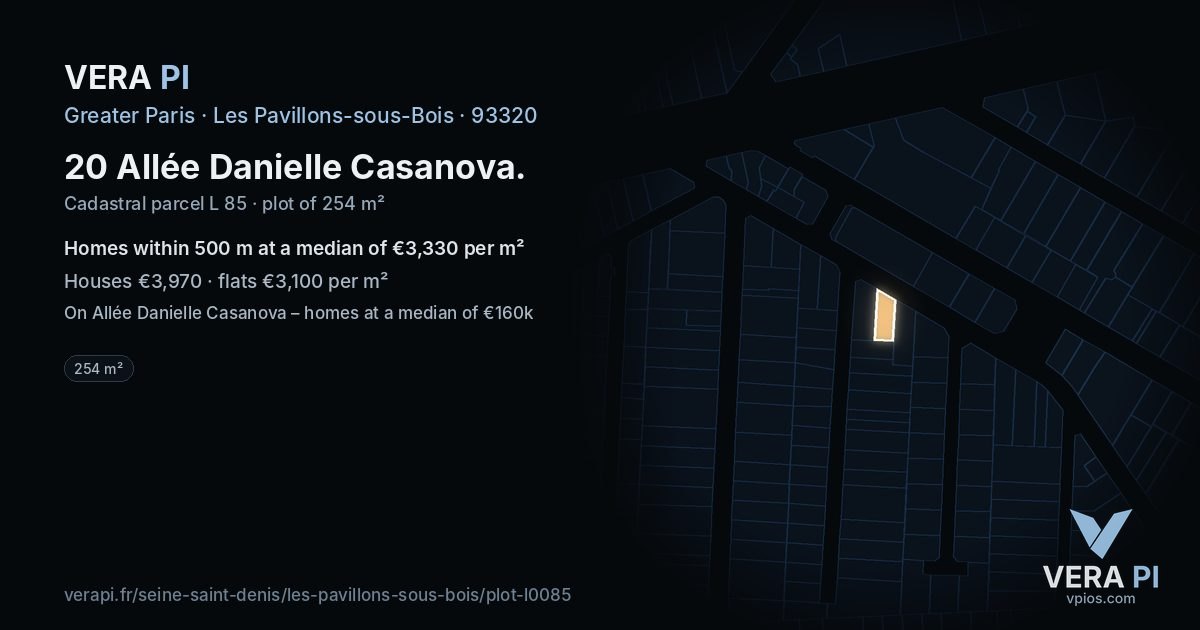 20 Allée Danielle Casanova, Les Pavillons-sous-Bois at night – the plot lit, the parcels around coloured by the prices near them