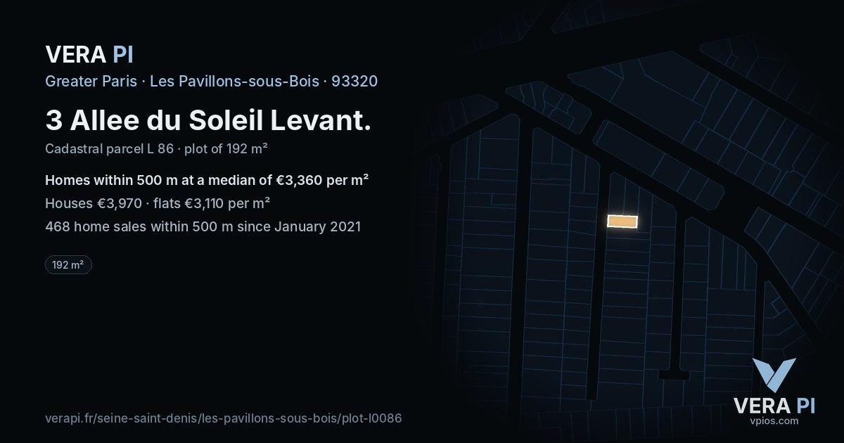 3 Allee du Soleil Levant, Les Pavillons-sous-Bois at night – the plot lit, the parcels around coloured by the prices near them