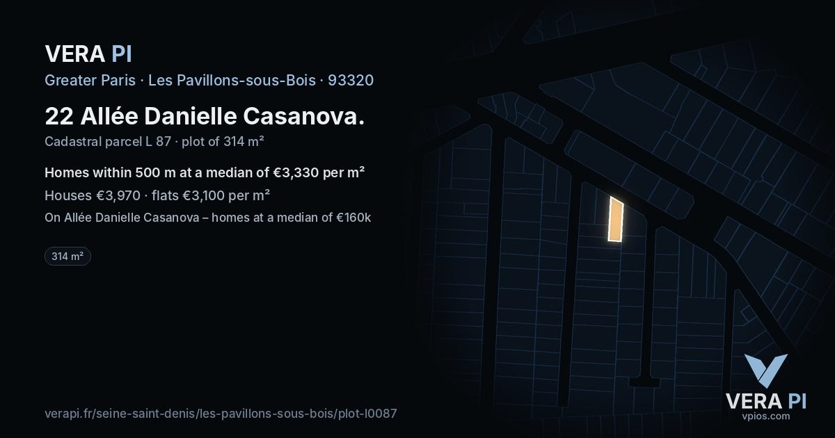 22 Allée Danielle Casanova, Les Pavillons-sous-Bois at night – the plot lit, the parcels around coloured by the prices near them