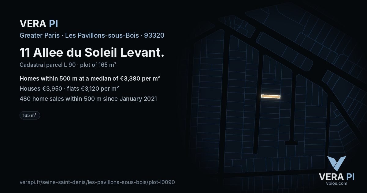 11 Allee du Soleil Levant, Les Pavillons-sous-Bois at night – the plot lit, the parcels around coloured by the prices near them