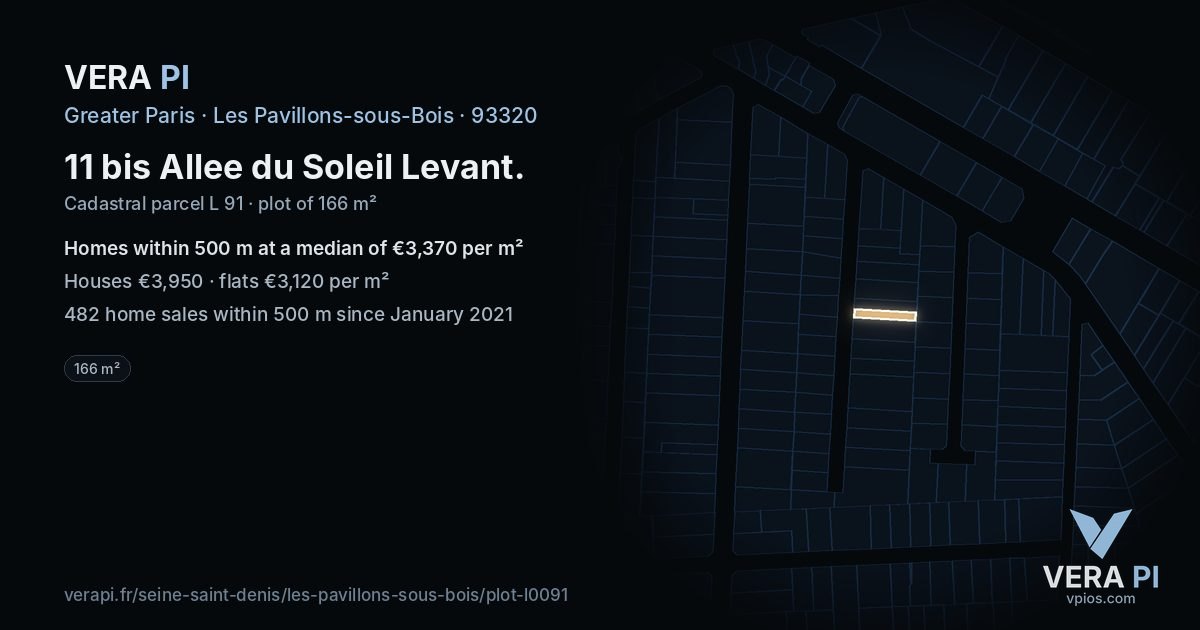 11 bis Allee du Soleil Levant, Les Pavillons-sous-Bois at night – the plot lit, the parcels around coloured by the prices near them