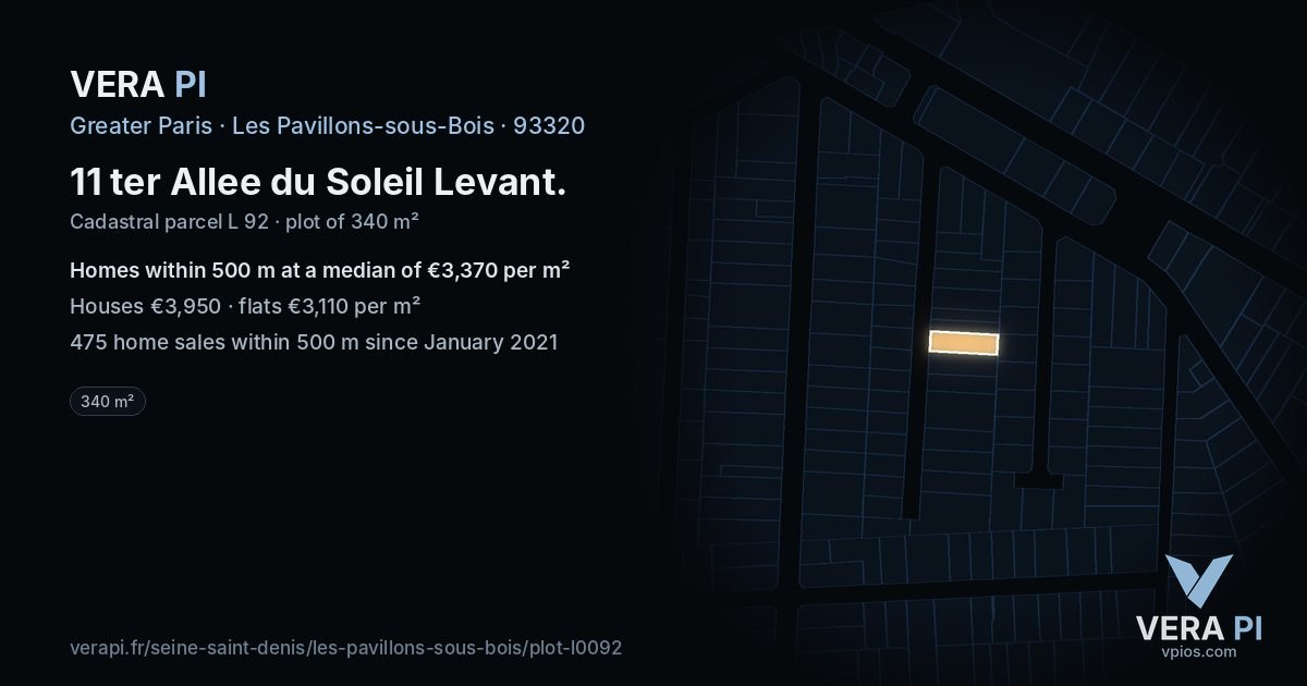 11 ter Allee du Soleil Levant, Les Pavillons-sous-Bois at night – the plot lit, the parcels around coloured by the prices near them