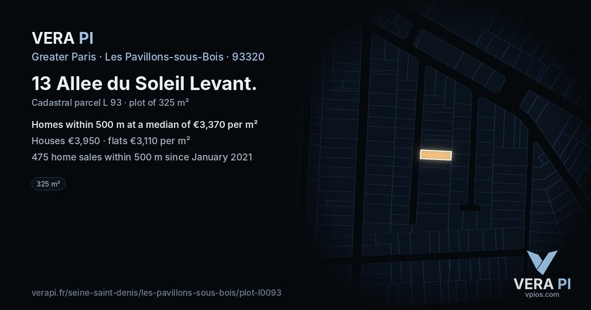 13 Allee du Soleil Levant, Les Pavillons-sous-Bois at night – the plot lit, the parcels around coloured by the prices near them
