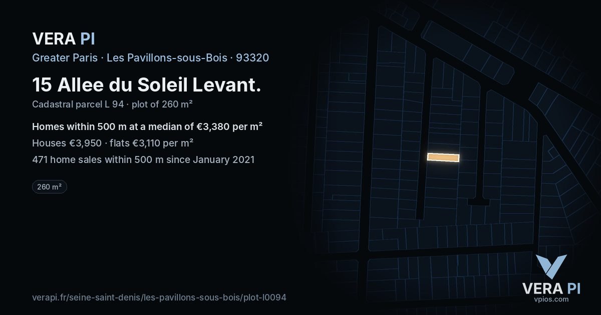 15 Allee du Soleil Levant, Les Pavillons-sous-Bois at night – the plot lit, the parcels around coloured by the prices near them