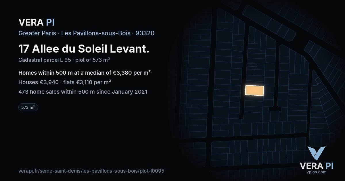 17 Allee du Soleil Levant, Les Pavillons-sous-Bois at night – the plot lit, the parcels around coloured by the prices near them