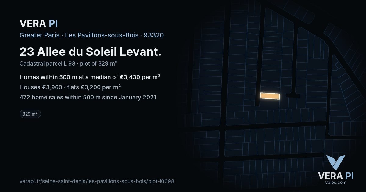 23 Allee du Soleil Levant, Les Pavillons-sous-Bois at night – the plot lit, the parcels around coloured by the prices near them