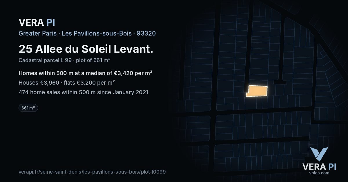 25 Allee du Soleil Levant, Les Pavillons-sous-Bois at night – the plot lit, the parcels around coloured by the prices near them