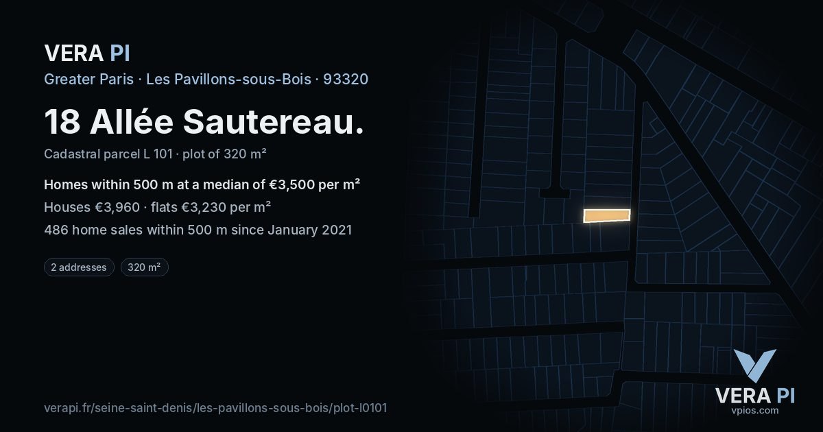18 Allée Sautereau, Les Pavillons-sous-Bois at night – the plot lit, the parcels around coloured by the prices near them