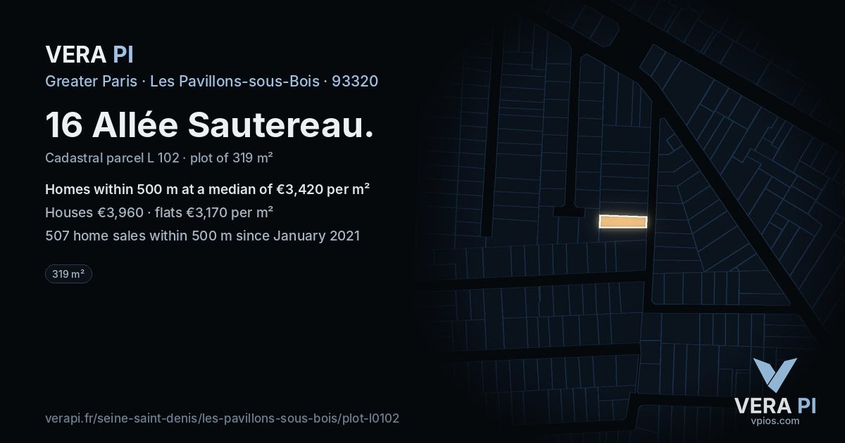 16 Allée Sautereau, Les Pavillons-sous-Bois at night – the plot lit, the parcels around coloured by the prices near them