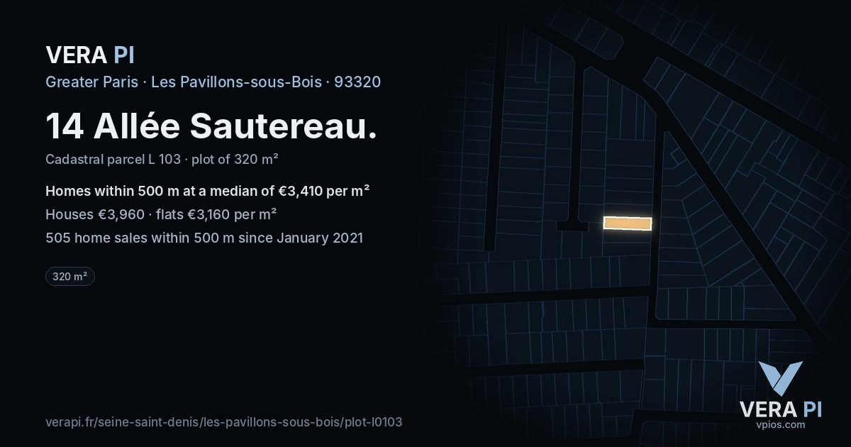 14 Allée Sautereau, Les Pavillons-sous-Bois at night – the plot lit, the parcels around coloured by the prices near them