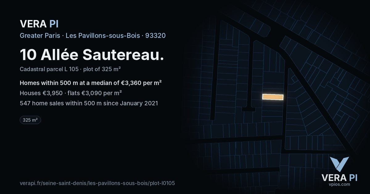 10 Allée Sautereau, Les Pavillons-sous-Bois at night – the plot lit, the parcels around coloured by the prices near them