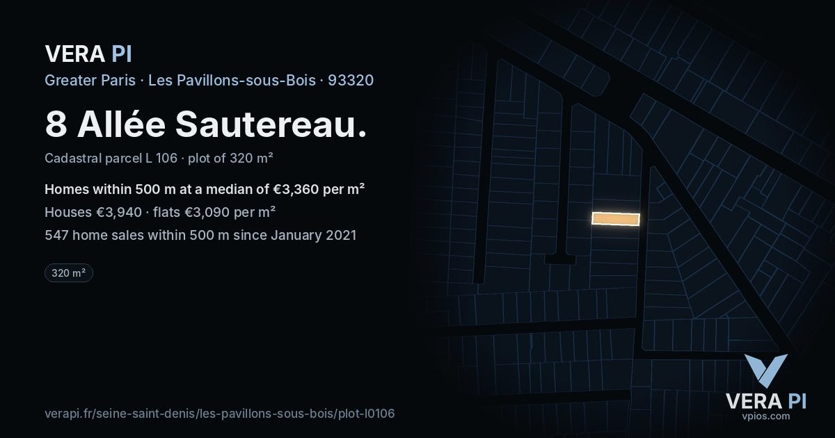 8 Allée Sautereau, Les Pavillons-sous-Bois at night – the plot lit, the parcels around coloured by the prices near them