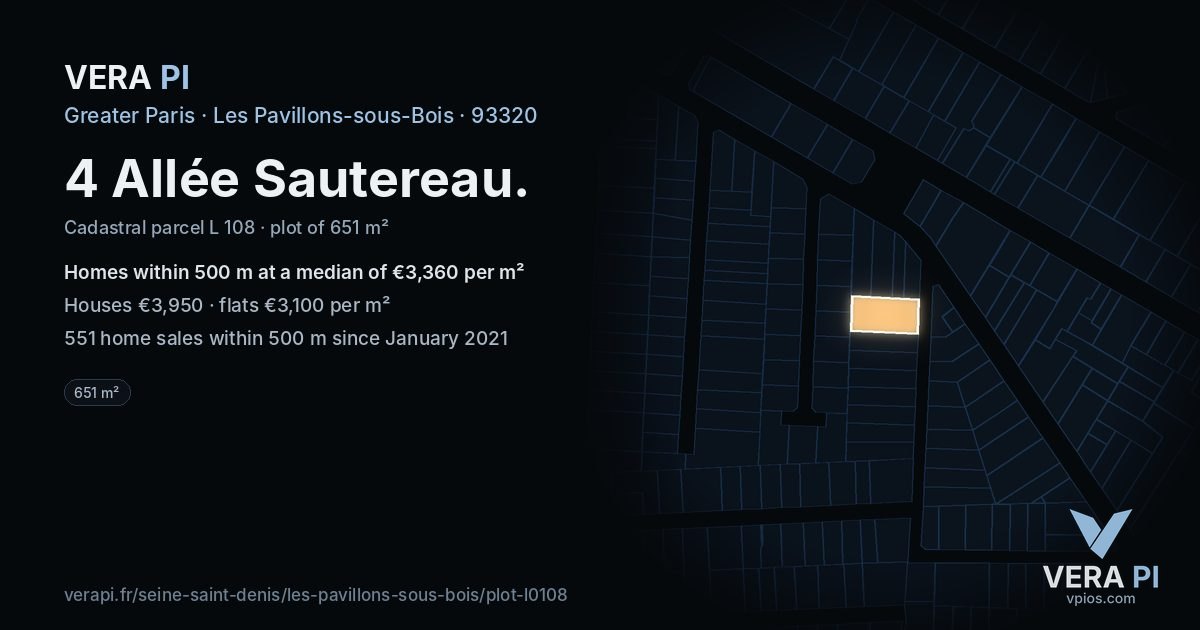 4 Allée Sautereau, Les Pavillons-sous-Bois at night – the plot lit, the parcels around coloured by the prices near them