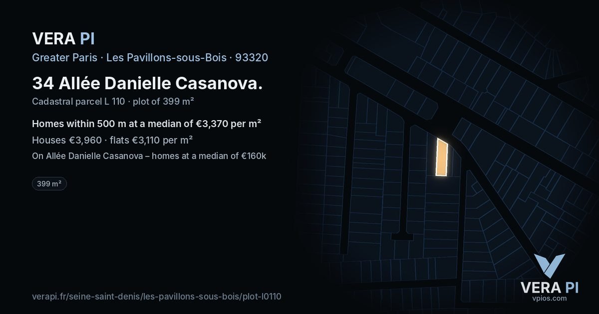 34 Allée Danielle Casanova, Les Pavillons-sous-Bois at night – the plot lit, the parcels around coloured by the prices near them