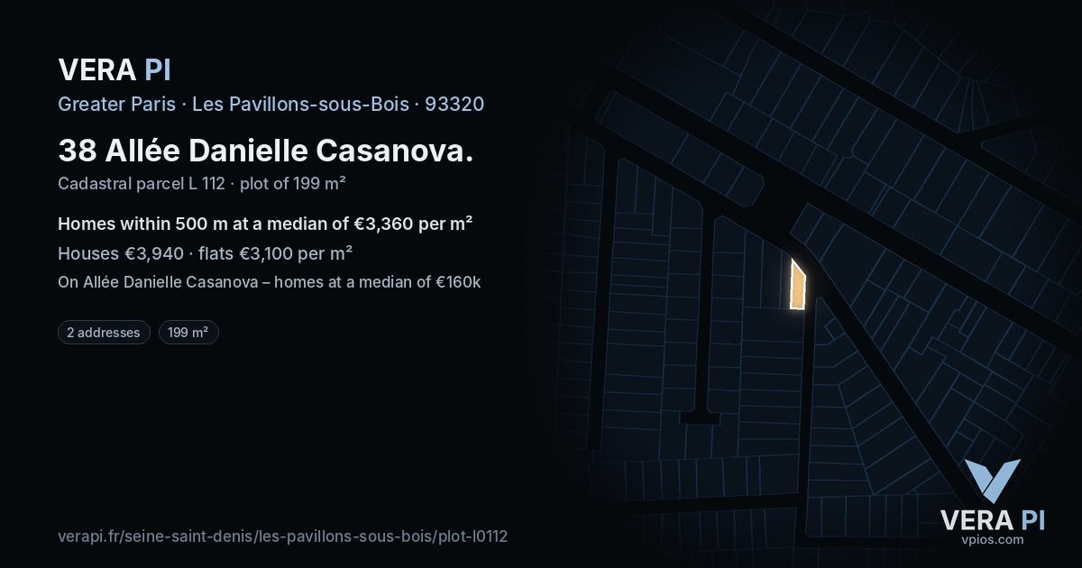 38 Allée Danielle Casanova, Les Pavillons-sous-Bois at night – the plot lit, the parcels around coloured by the prices near them