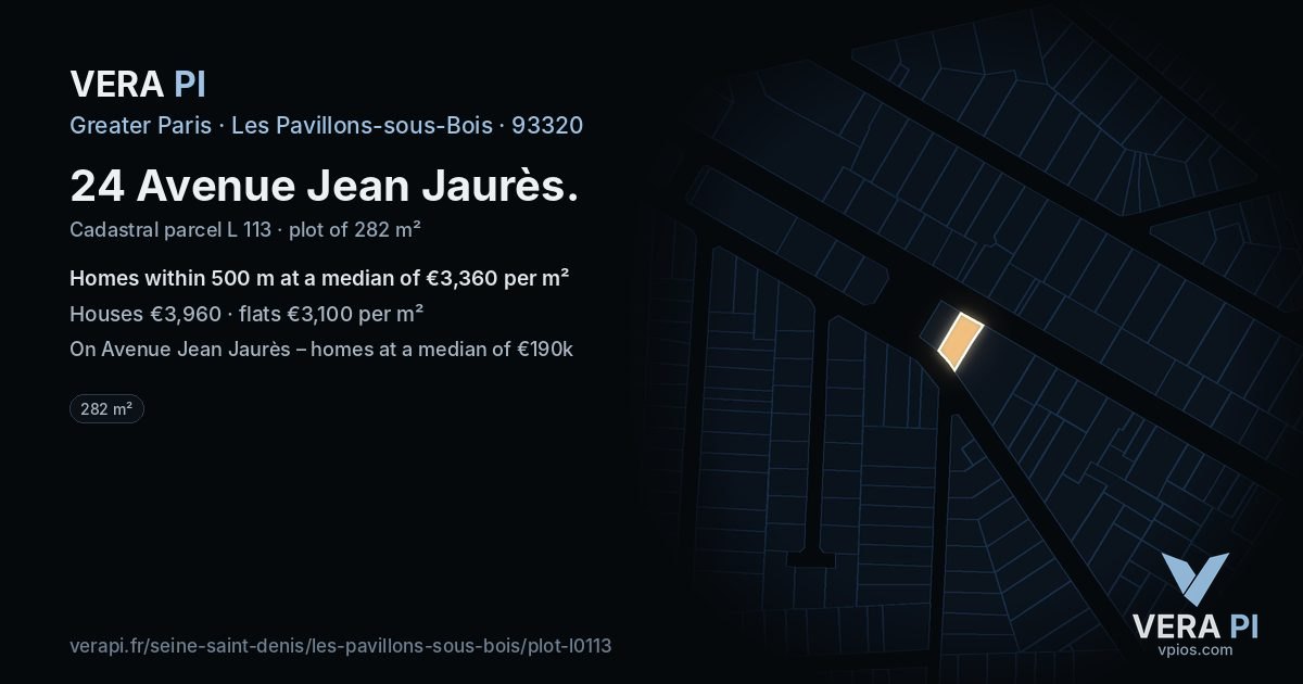 24 Avenue Jean Jaurès, Les Pavillons-sous-Bois at night – the plot lit, the parcels around coloured by the prices near them