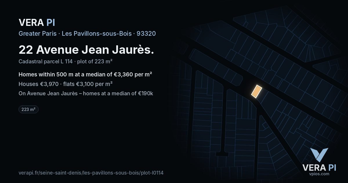 22 Avenue Jean Jaurès, Les Pavillons-sous-Bois at night – the plot lit, the parcels around coloured by the prices near them