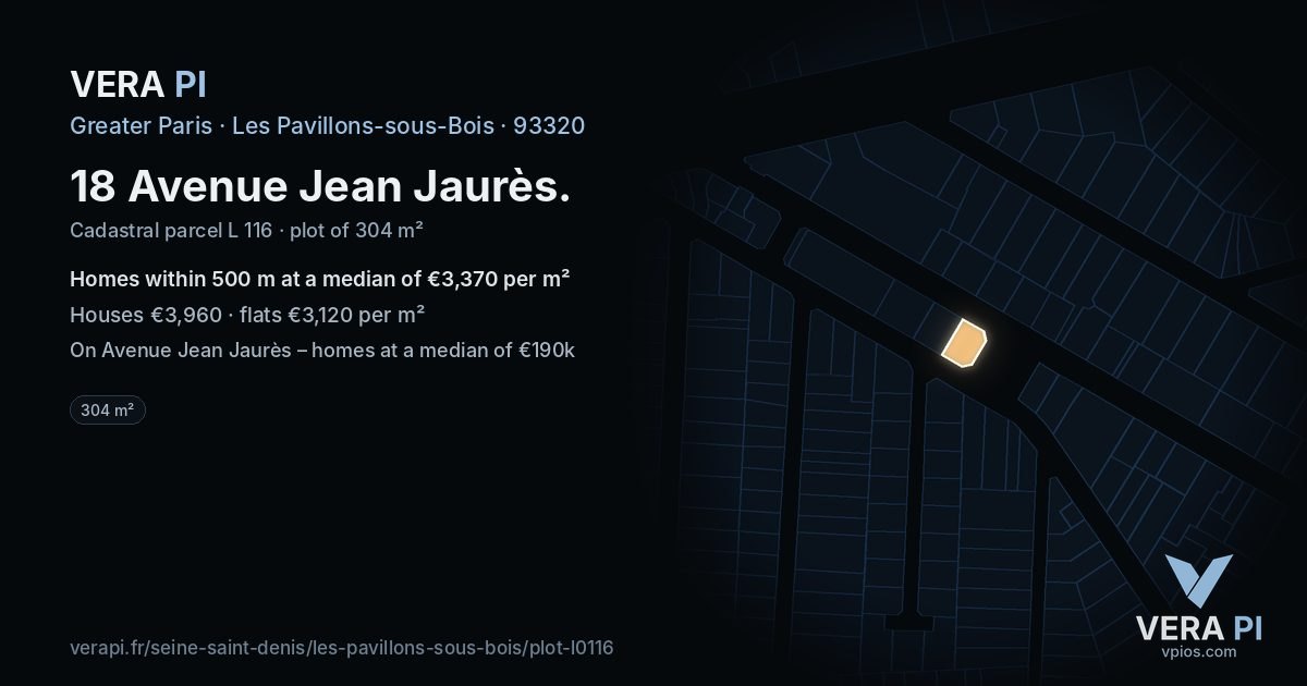 18 Avenue Jean Jaurès, Les Pavillons-sous-Bois at night – the plot lit, the parcels around coloured by the prices near them