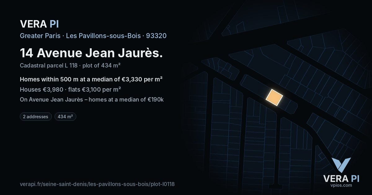14 Avenue Jean Jaurès, Les Pavillons-sous-Bois at night – the plot lit, the parcels around coloured by the prices near them