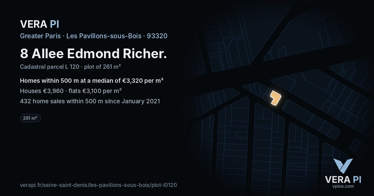 8 Allee Edmond Richer, Les Pavillons-sous-Bois at night – the plot lit, the parcels around coloured by the prices near them