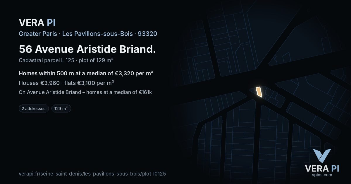 56 Avenue Aristide Briand, Les Pavillons-sous-Bois at night – the plot lit, the parcels around coloured by the prices near them
