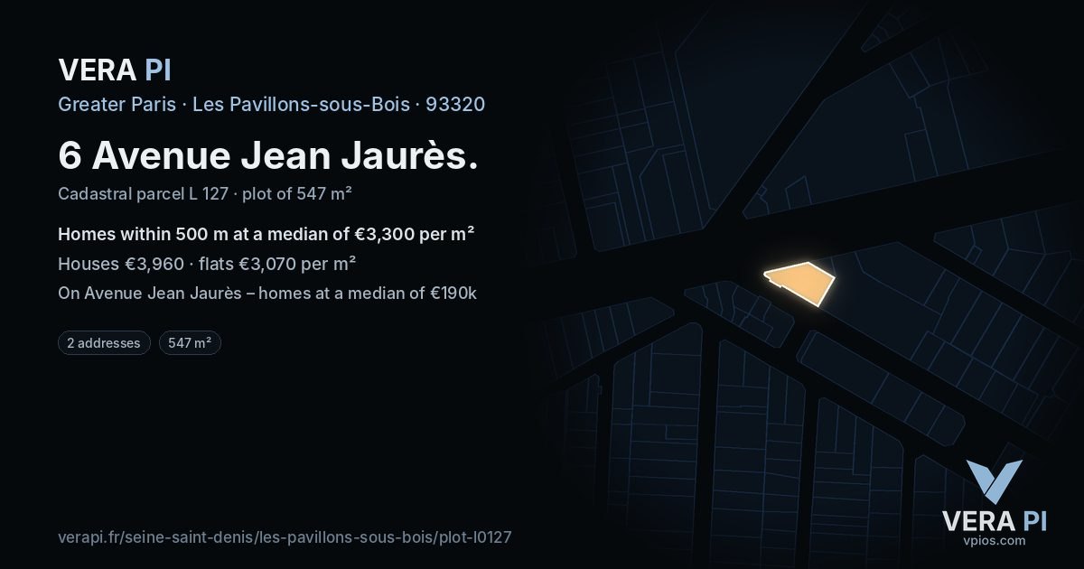 6 Avenue Jean Jaurès, Les Pavillons-sous-Bois at night – the plot lit, the parcels around coloured by the prices near them