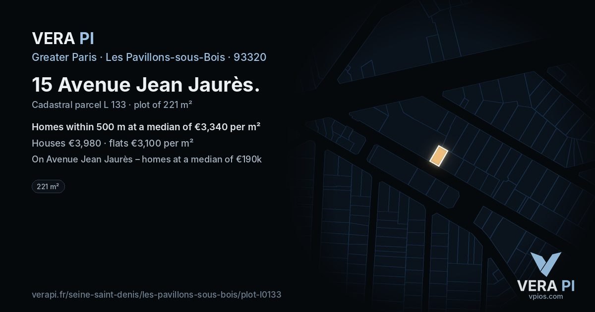 15 Avenue Jean Jaurès, Les Pavillons-sous-Bois at night – the plot lit, the parcels around coloured by the prices near them