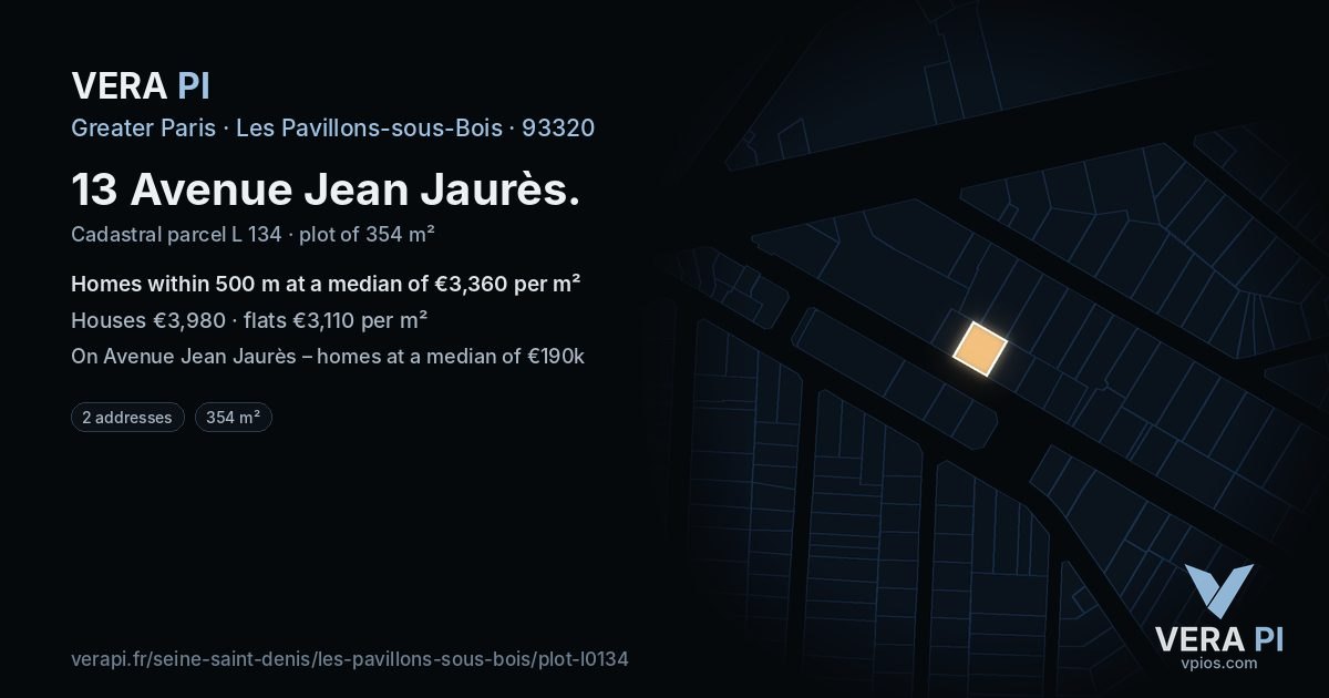 13 Avenue Jean Jaurès, Les Pavillons-sous-Bois at night – the plot lit, the parcels around coloured by the prices near them