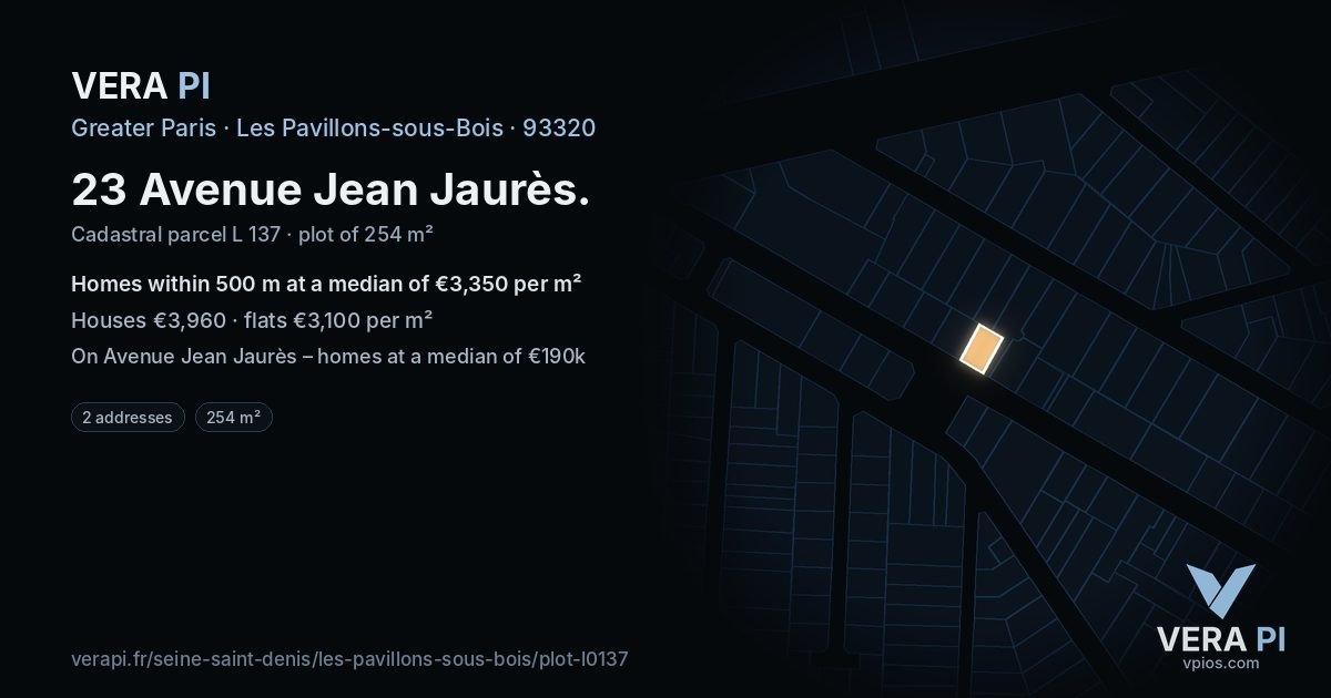23 Avenue Jean Jaurès, Les Pavillons-sous-Bois at night – the plot lit, the parcels around coloured by the prices near them