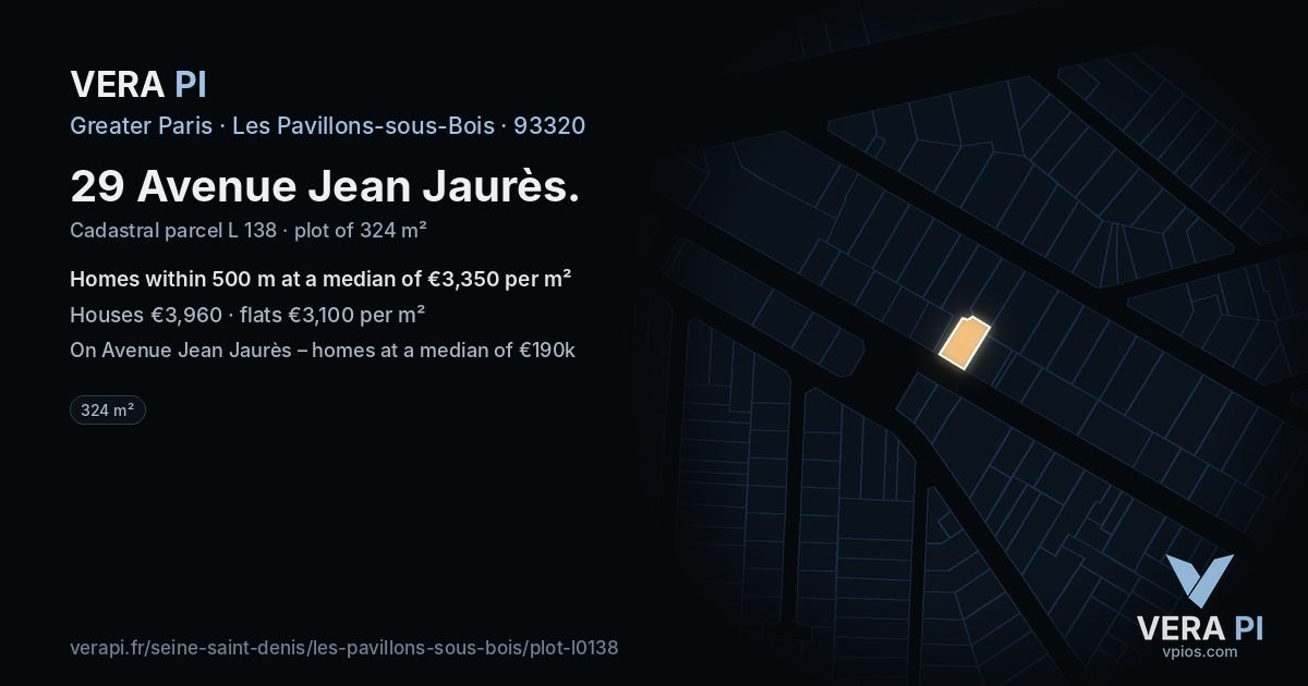 29 Avenue Jean Jaurès, Les Pavillons-sous-Bois at night – the plot lit, the parcels around coloured by the prices near them