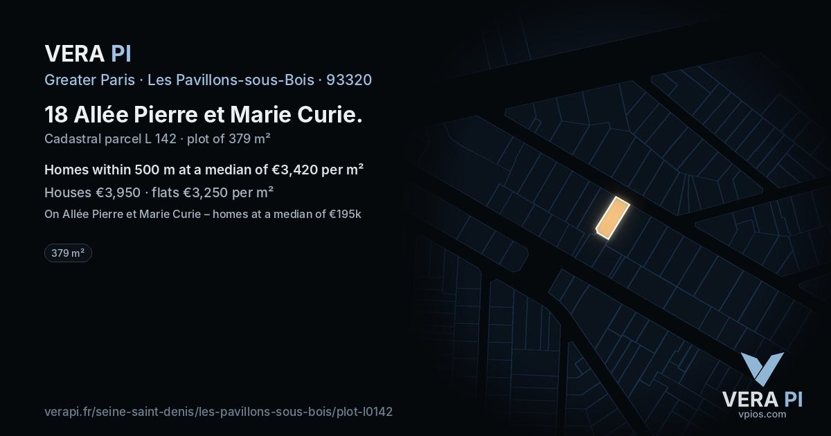 18 Allée Pierre et Marie Curie, Les Pavillons-sous-Bois at night – the plot lit, the parcels around coloured by the prices near them