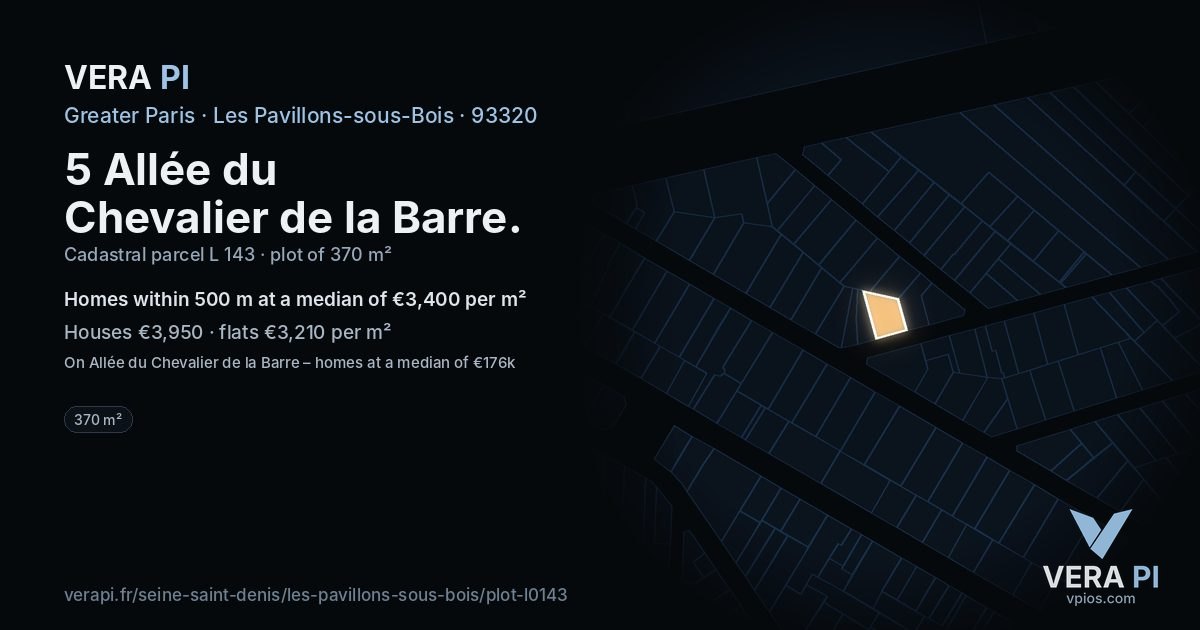 5 Allée du Chevalier de la Barre, Les Pavillons-sous-Bois at night – the plot lit, the parcels around coloured by the prices near them