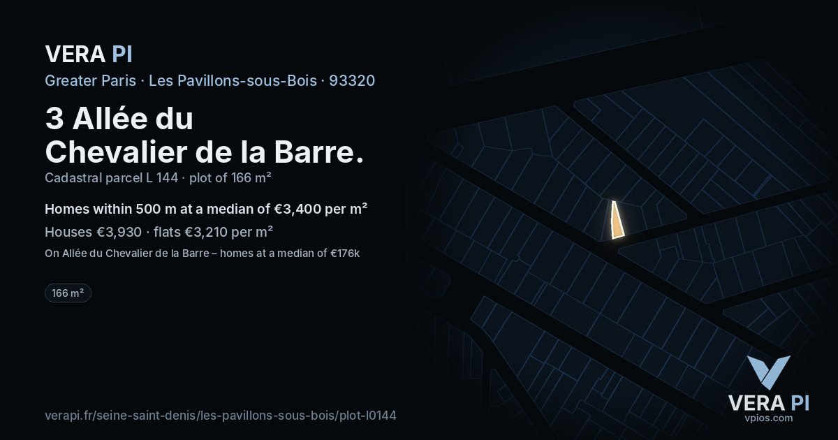 3 Allée du Chevalier de la Barre, Les Pavillons-sous-Bois at night – the plot lit, the parcels around coloured by the prices near them