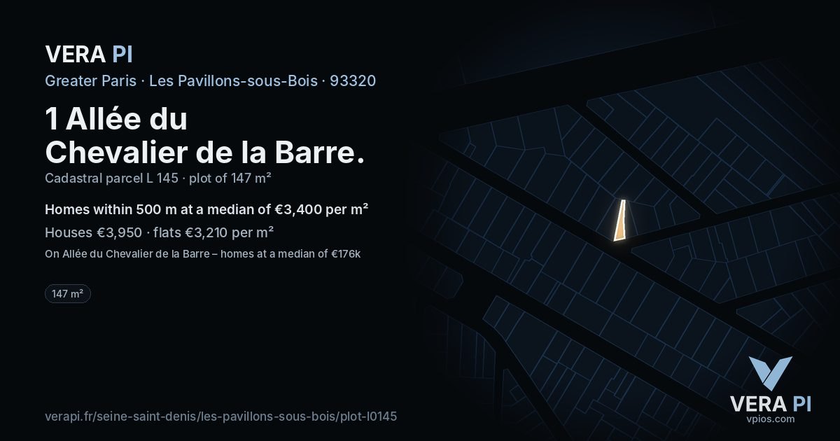 1 Allée du Chevalier de la Barre, Les Pavillons-sous-Bois at night – the plot lit, the parcels around coloured by the prices near them