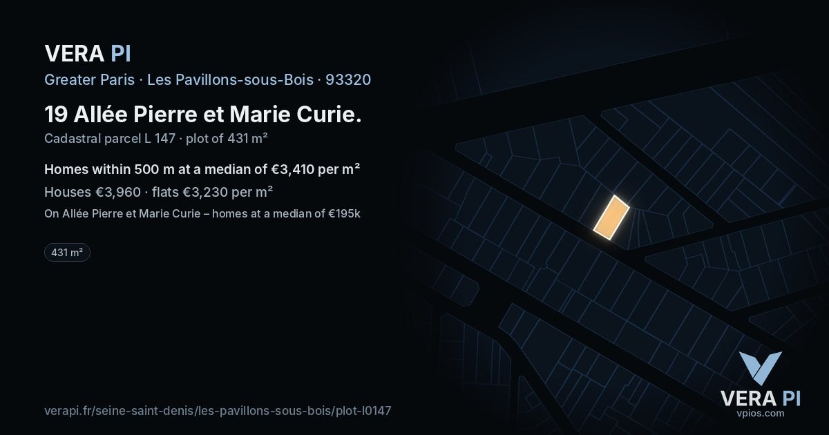 19 Allée Pierre et Marie Curie, Les Pavillons-sous-Bois at night – the plot lit, the parcels around coloured by the prices near them