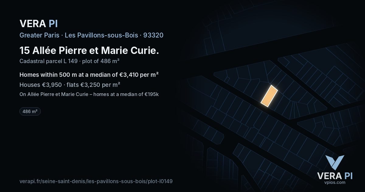 15 Allée Pierre et Marie Curie, Les Pavillons-sous-Bois at night – the plot lit, the parcels around coloured by the prices near them