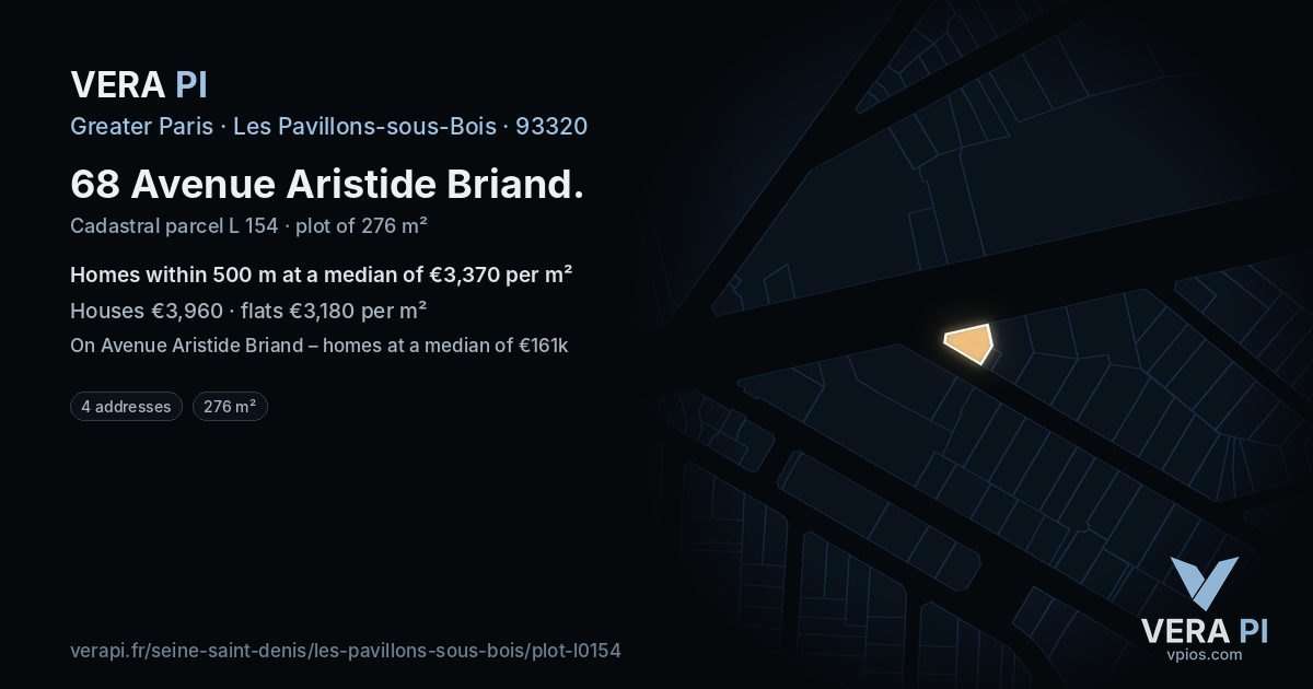68 Avenue Aristide Briand, Les Pavillons-sous-Bois at night – the plot lit, the parcels around coloured by the prices near them