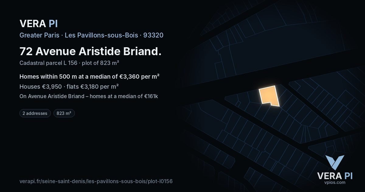 72 Avenue Aristide Briand, Les Pavillons-sous-Bois at night – the plot lit, the parcels around coloured by the prices near them
