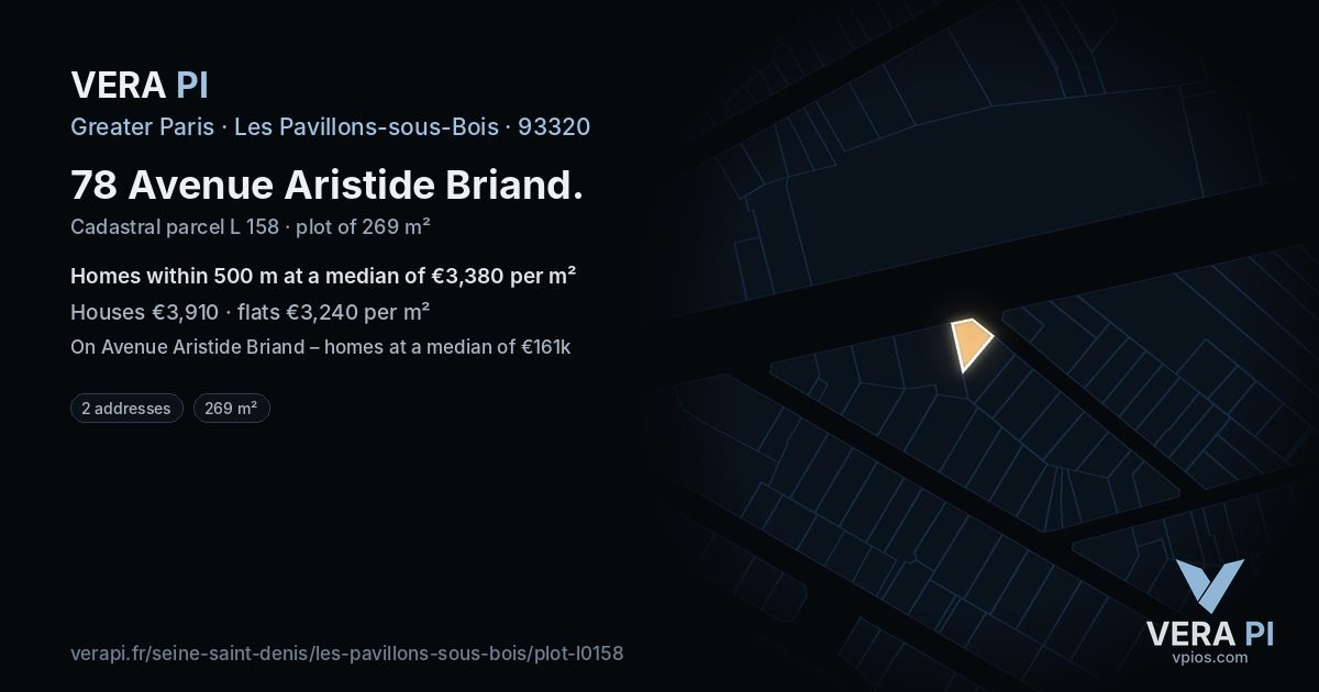 78 Avenue Aristide Briand, Les Pavillons-sous-Bois at night – the plot lit, the parcels around coloured by the prices near them