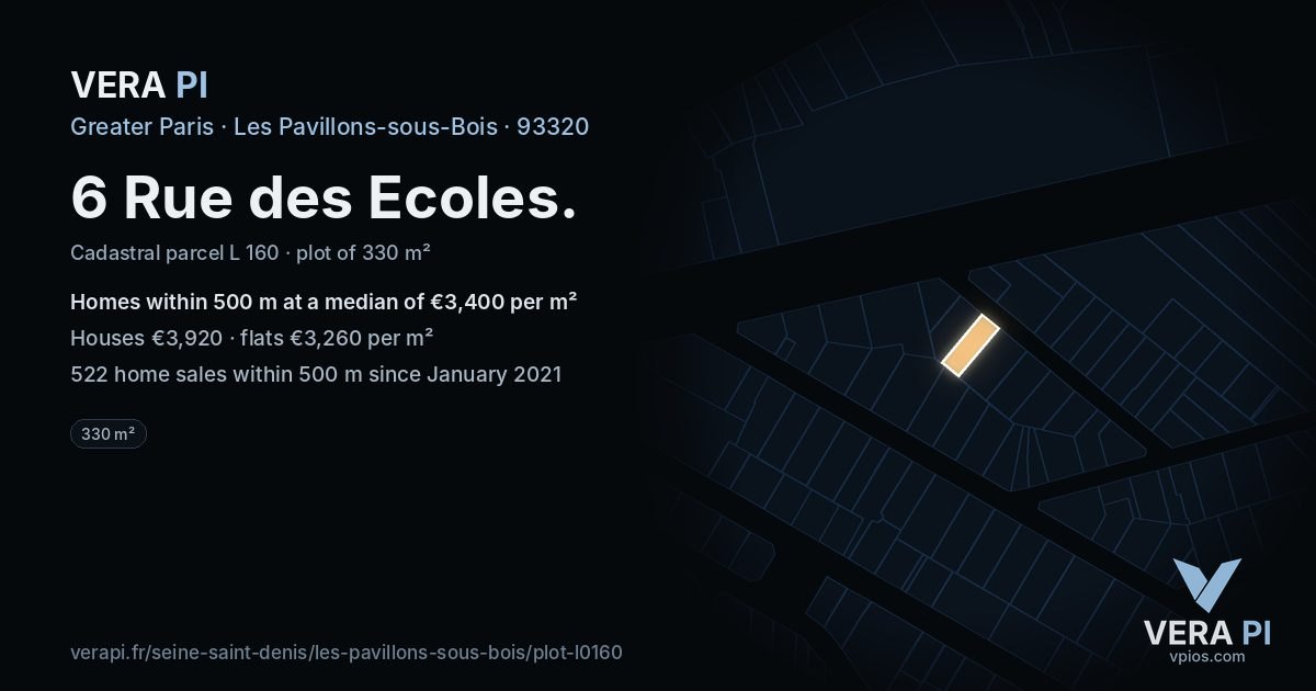 6 Rue des Ecoles, Les Pavillons-sous-Bois at night – the plot lit, the parcels around coloured by the prices near them